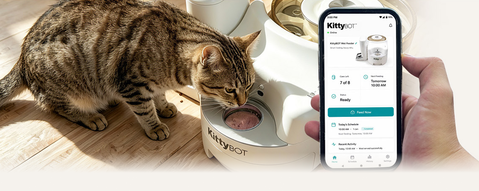 Cat eating from KittyBOT wet food feeder with companion app interface